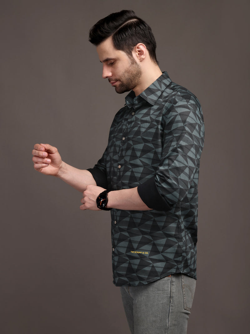 Sea Underground Green Bulgari Satin Discharge Shirt with Silver Metal ButtonPremium