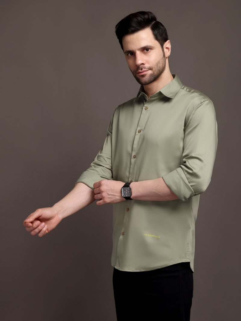 Light Olive Green Color Plain Poly Satin Lycra Shirt with Gold Metal Button - Premium, Unbreakable button