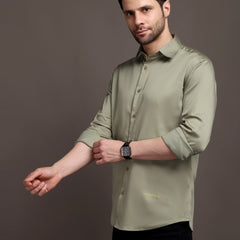 Light Olive Green Color Plain Poly Satin Lycra Shirt with Gold Metal Button - Premium, Unbreakable button