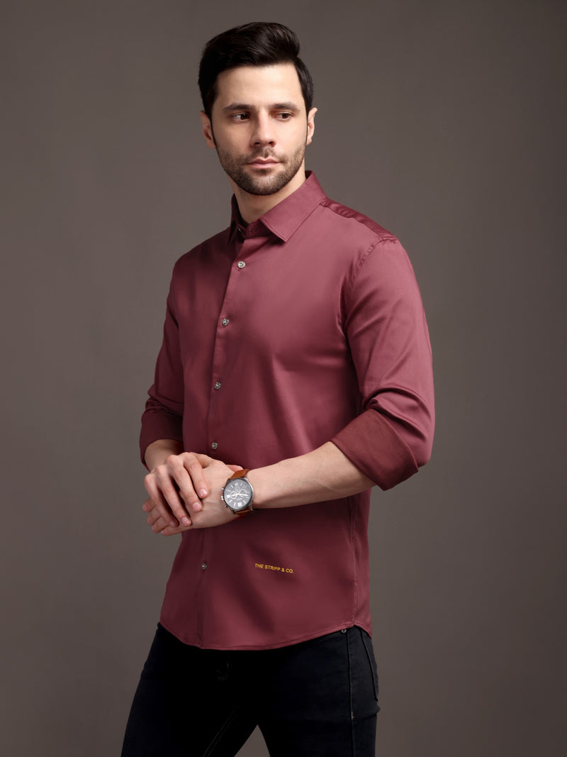 Dark Magenta Pink Plain Poly Satin Lycra Shirt with Silver Metal Button - Premium, Unbreakable button