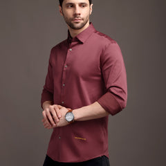 Dark Magenta Pink Plain Poly Satin Lycra Shirt with Silver Metal Button - Premium, Unbreakable button