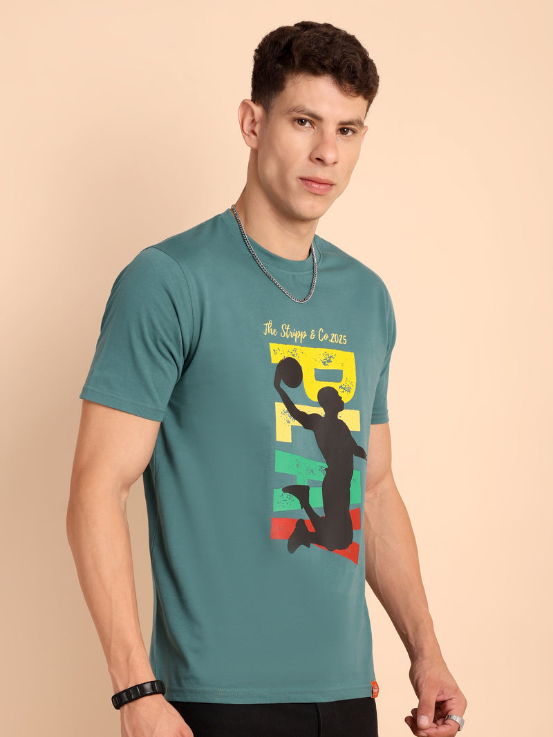 STEEL SEA GREEN, IMPORTED COTTON BIO WASHED-FEEL SOFT CREW NECK T SHIRT