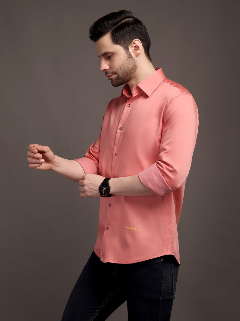 Veromoda Peach Plain Poly Satin Lycra Shirt with Gold Metal Button - Premium, Unbreakable button