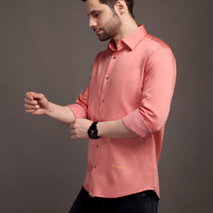 Veromoda Peach Plain Poly Satin Lycra Shirt with Gold Metal Button - Premium, Unbreakable button