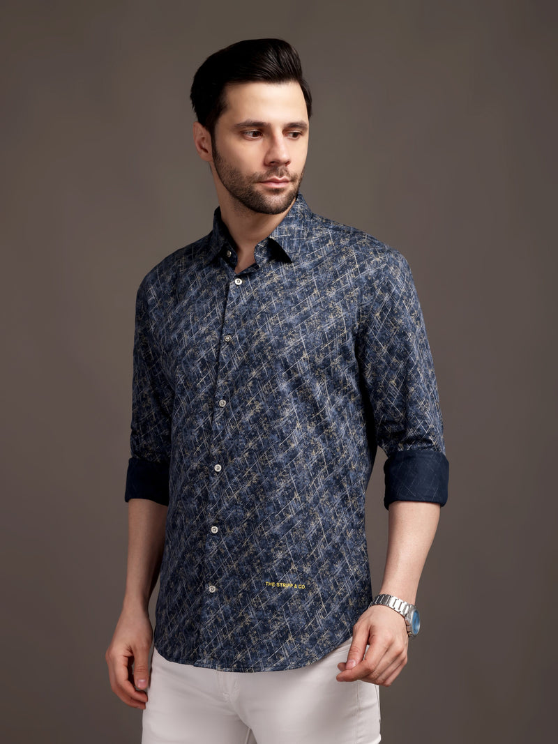 Meta Blue Printed Bulgari Satin Discharge Shirt with Metal Button - Premium