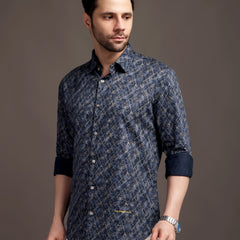 Meta Blue Printed Bulgari Satin Discharge Shirt with Metal Button - Premium