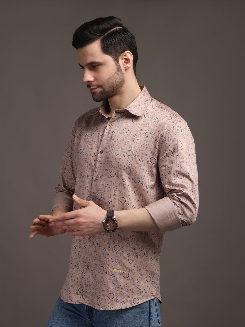 Peach Veromoda Printed Bulgari Satin Discharge Shirt with Copper Metal Button - Premium