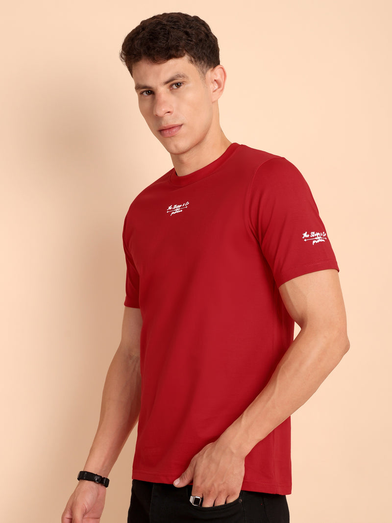 CRIMSON RED, IMPORTED COTTON BIO WASHED-FEEL SOFT CREW NECK T SHIRT