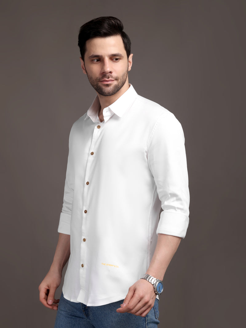Milky White Plain Poly Satin Lycra Shirt with Copper Metal Button - Premium, Unbreakable button