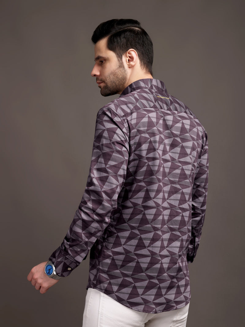 Burgundy Strippes Bulgari Satin Discharge Shirt with Metal Button - Premium