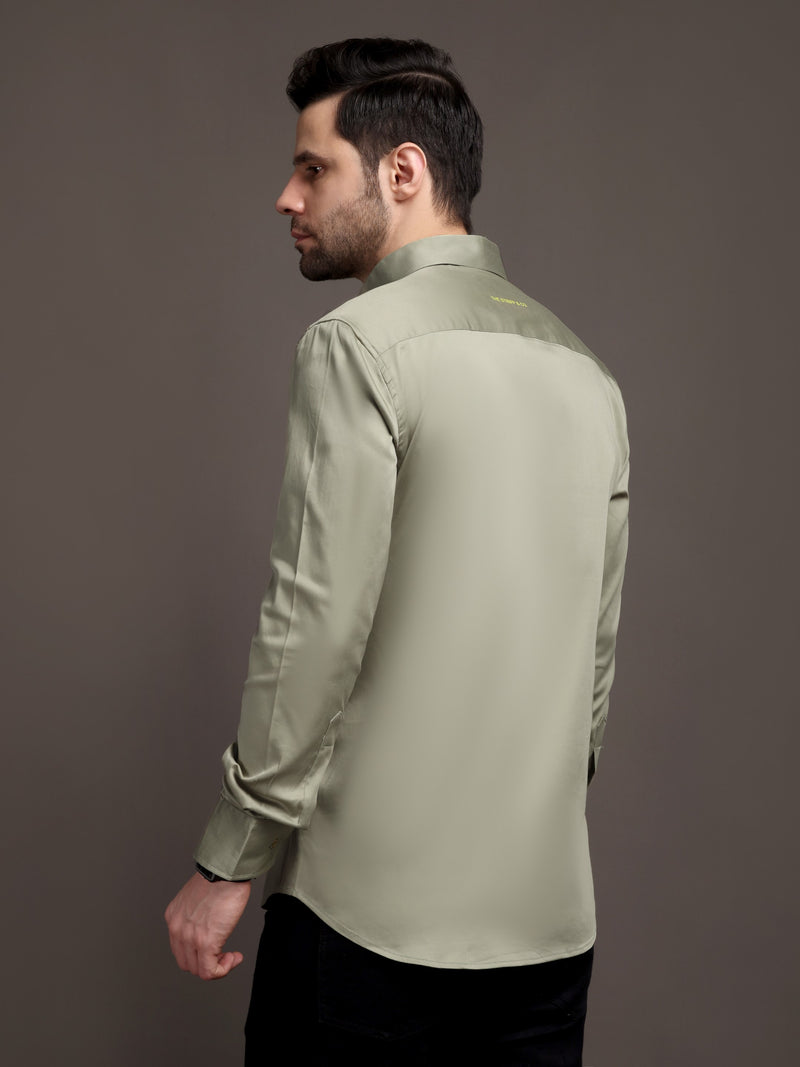 Light Olive Green Color Plain Poly Satin Lycra Shirt with Gold Metal Button - Premium, Unbreakable button