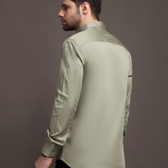 Light Olive Green Color Plain Poly Satin Lycra Shirt with Gold Metal Button - Premium, Unbreakable button