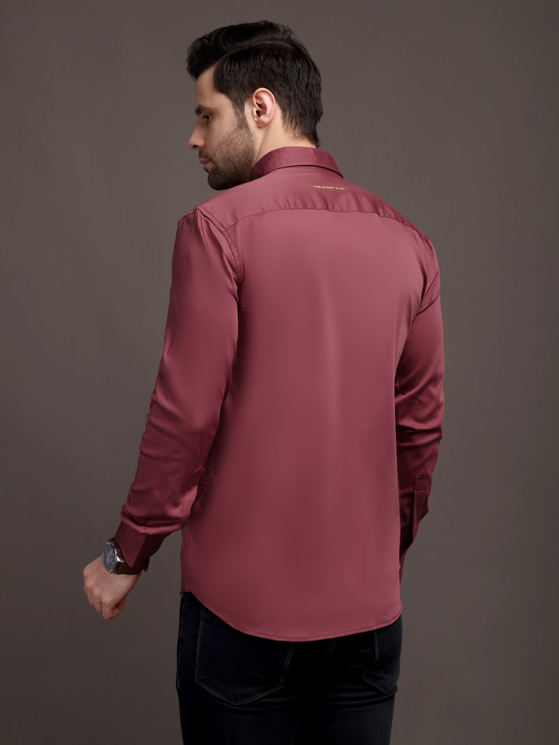 Dark Magenta Pink Plain Poly Satin Lycra Shirt with Silver Metal Button - Premium, Unbreakable button