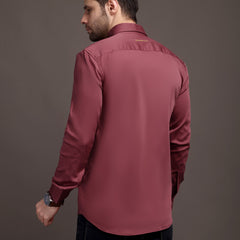 Dark Magenta Pink Plain Poly Satin Lycra Shirt with Silver Metal Button - Premium, Unbreakable button