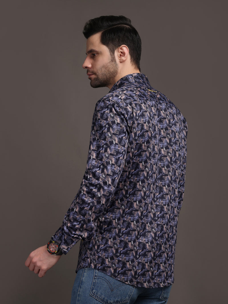 Berry Violet & Shiny Black Printed Printed Bulgari Satin Discharge Shirt with Metal Button - Premium