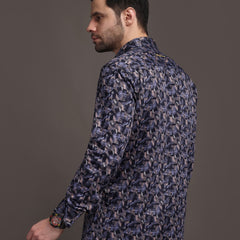 Berry Violet & Shiny Black Printed Printed Bulgari Satin Discharge Shirt with Metal Button - Premium