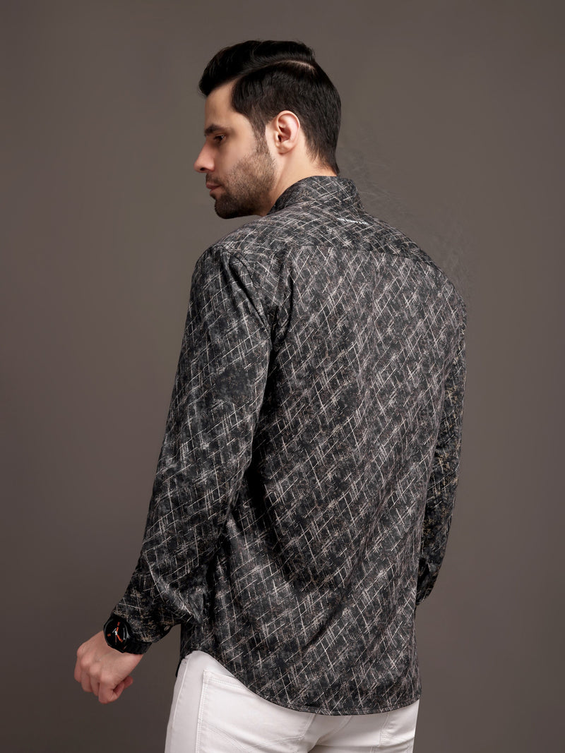 Metal Black Printed Bulgari Satin Discharge Shirt with Metal Button - Premium