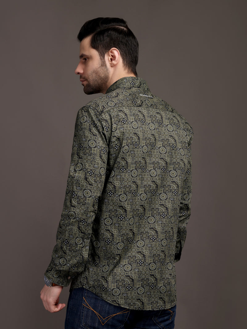 Mehendi/Sea Green Printed Bulgari Satin Discharge Shirt with Metal Button - Premium