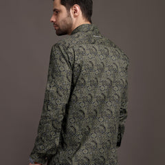 Mehendi/Sea Green Printed Bulgari Satin Discharge Shirt with Metal Button - Premium