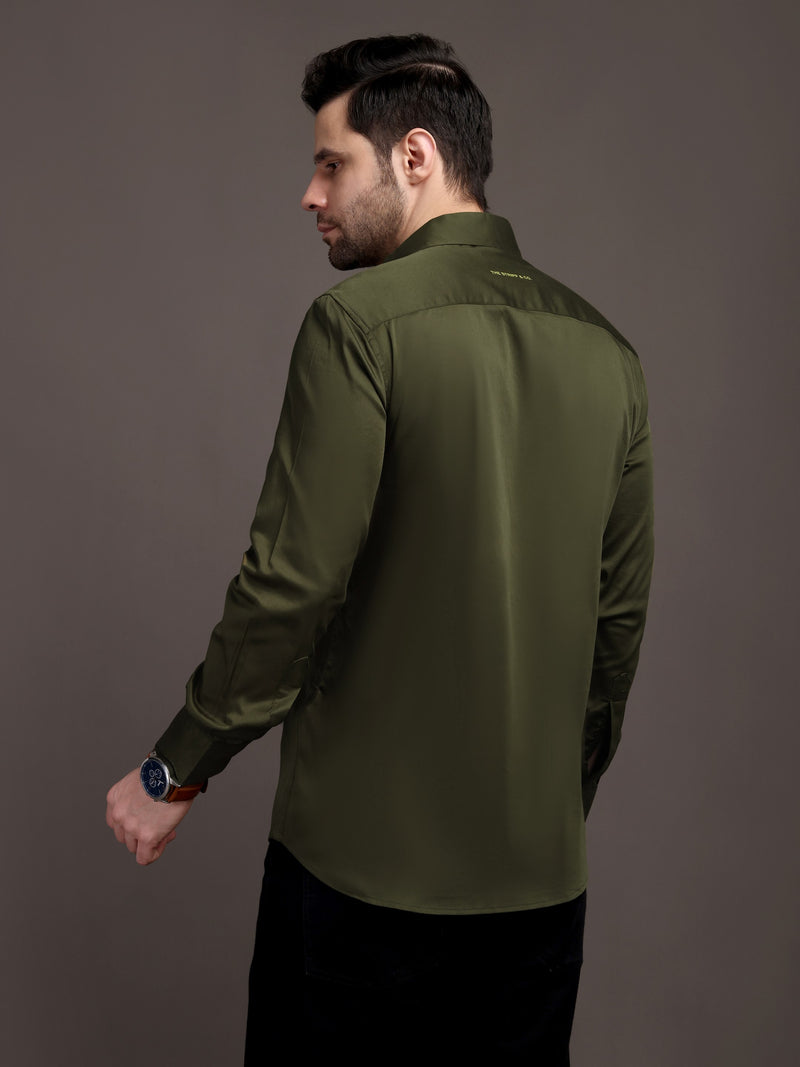 Army Green Plain Poly Satin Lycra Shirt with Silver Metal Button - Premium, Unbreakable button
