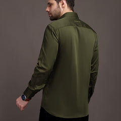 Army Green Plain Poly Satin Lycra Shirt with Silver Metal Button - Premium, Unbreakable button