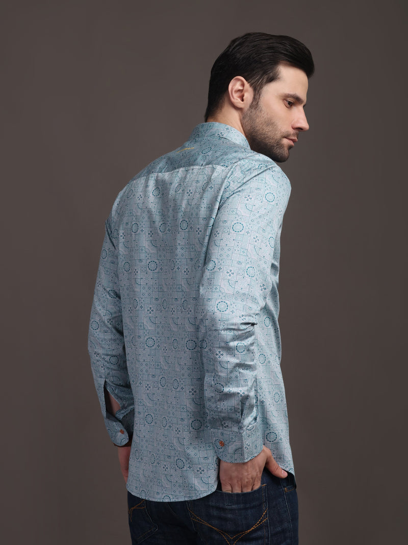 Sky Blue Printed Bulgari Satin Discharge Shirt with Metal Button - Premium