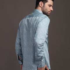 Sky Blue Printed Bulgari Satin Discharge Shirt with Metal Button - Premium