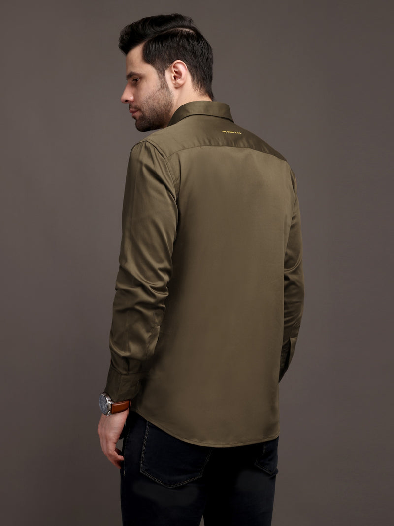 Mehendi Green Plain Poly Satin Lycra Shirt with Silver Metal Button - Premium, Unbreakable button