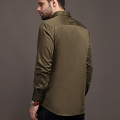 Mehendi Green Plain Poly Satin Lycra Shirt with Silver Metal Button - Premium, Unbreakable button