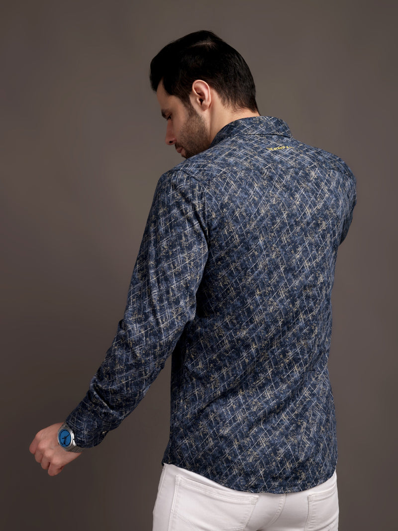 Meta Blue Printed Bulgari Satin Discharge Shirt with Metal Button - Premium