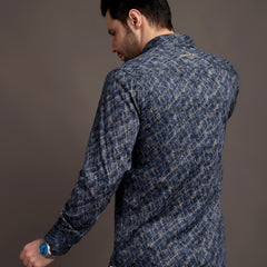 Meta Blue Printed Bulgari Satin Discharge Shirt with Metal Button - Premium