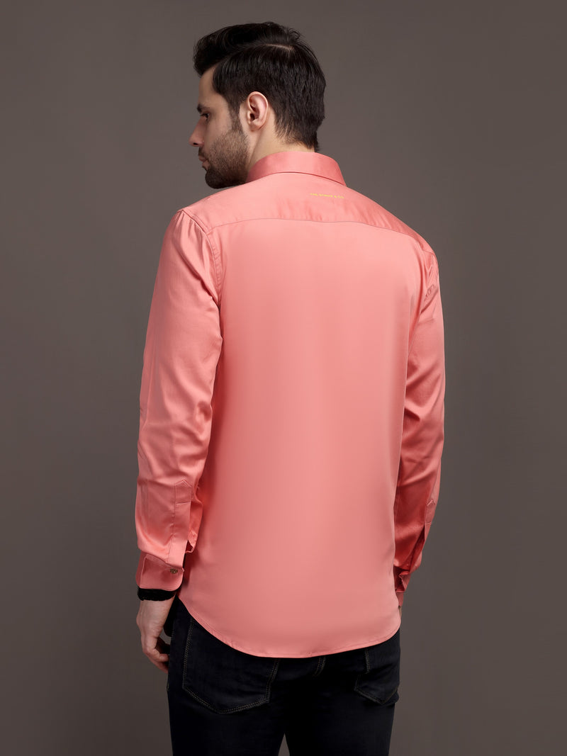 Veromoda Peach Plain Poly Satin Lycra Shirt with Gold Metal Button - Premium, Unbreakable button