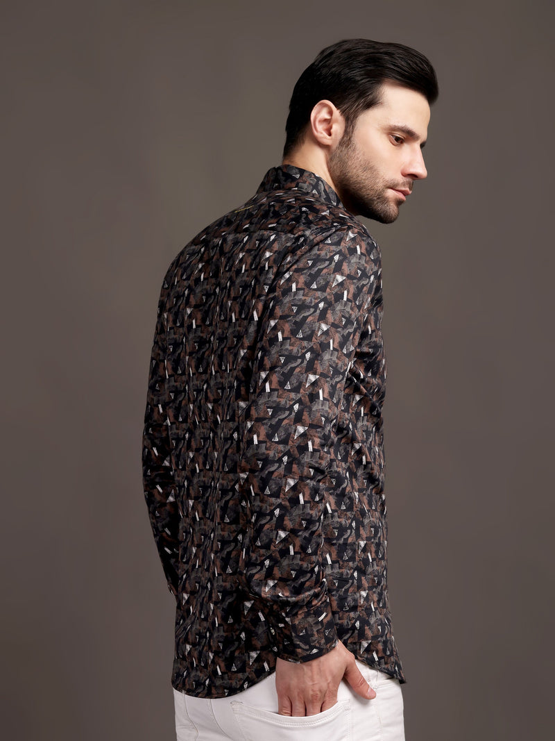Cocoa Black and Brown Printed Bulgari Satin Discharge Shirt with Metal Button - Premium