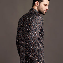 Cocoa Black and Brown Printed Bulgari Satin Discharge Shirt with Metal Button - Premium