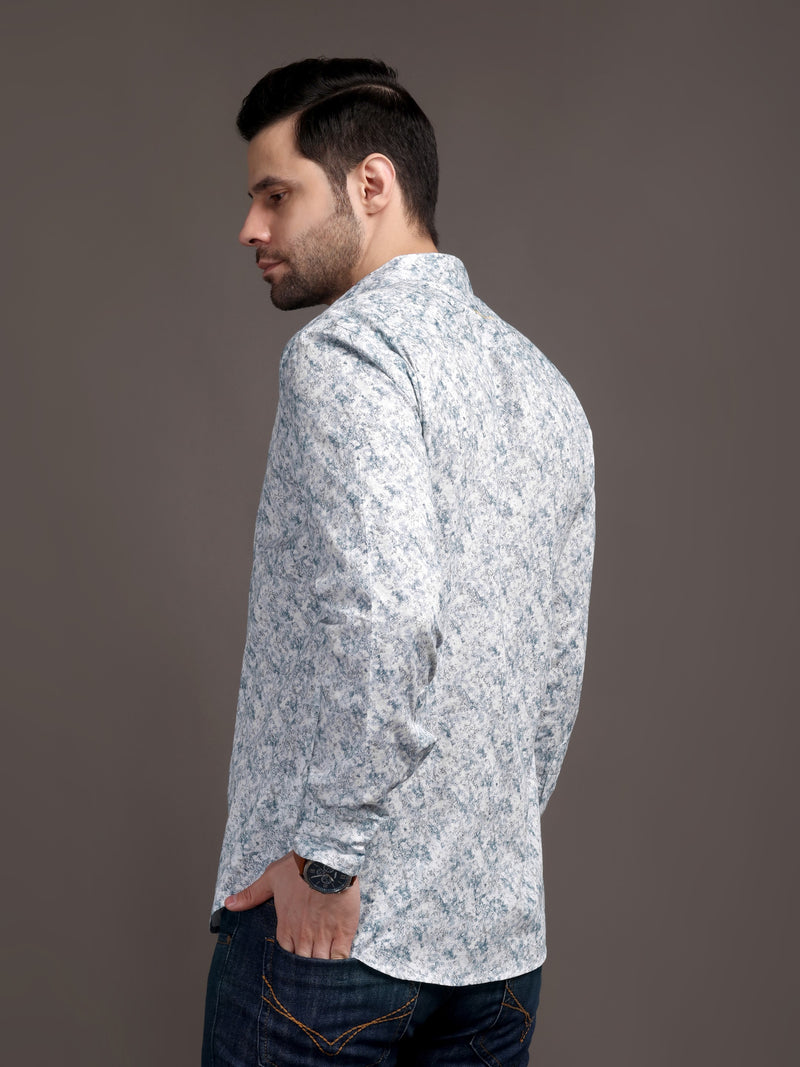 Heaven Blue & White Printed Bulgari Satin Discharge Shirt with Copper Metal Button - Premium