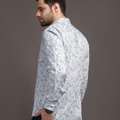 Heaven Blue & White Printed Bulgari Satin Discharge Shirt with Copper Metal Button - Premium