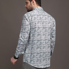 Grey Strippes Bulgari Satin Discharge Shirt with Copper Metal Button-Premium