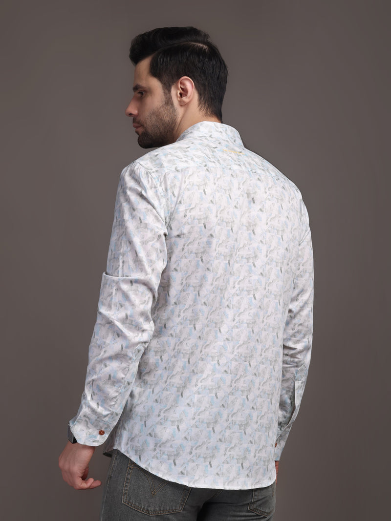 Whitish Blue Printed Bulgari Satin Discharge Shirt with Copper Metal Button - Premium, Unbreakable button