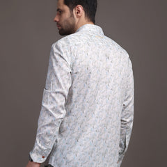 Whitish Blue Printed Bulgari Satin Discharge Shirt with Copper Metal Button - Premium, Unbreakable button