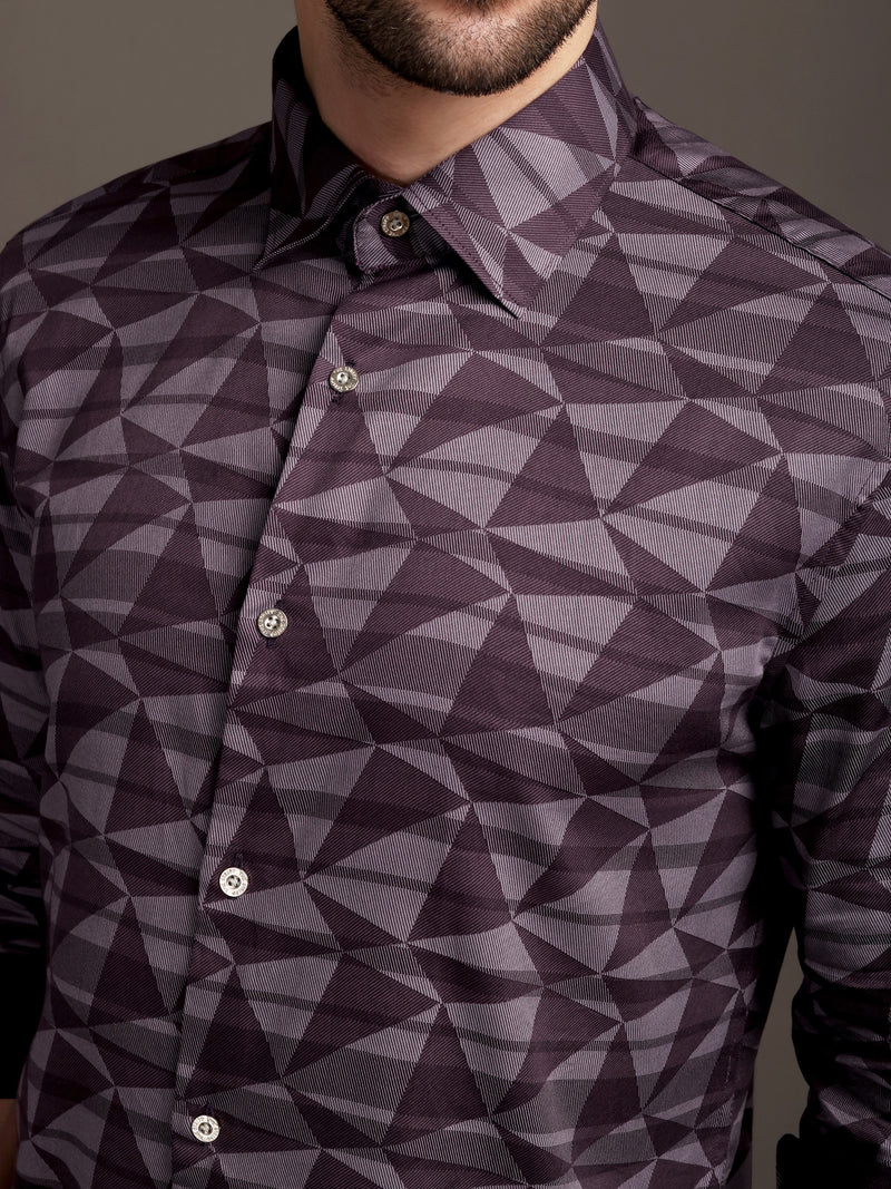 Burgundy Strippes Bulgari Satin Discharge Shirt with Metal Button - Premium