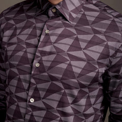 Burgundy Strippes Bulgari Satin Discharge Shirt with Metal Button - Premium