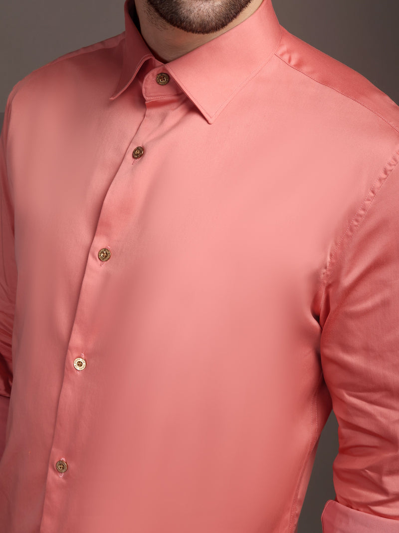 Veromoda Peach Plain Poly Satin Lycra Shirt with Gold Metal Button - Premium, Unbreakable button