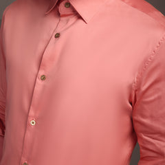Veromoda Peach Plain Poly Satin Lycra Shirt with Gold Metal Button - Premium, Unbreakable button