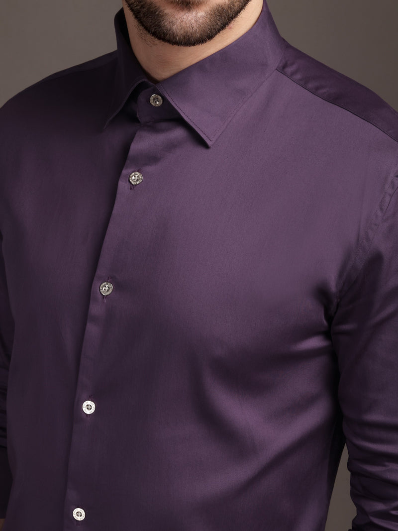 Violet/Lavendour Plain Poly Satin Lycra Shirt with Silver Metal Button - Premium, Unbreakable button