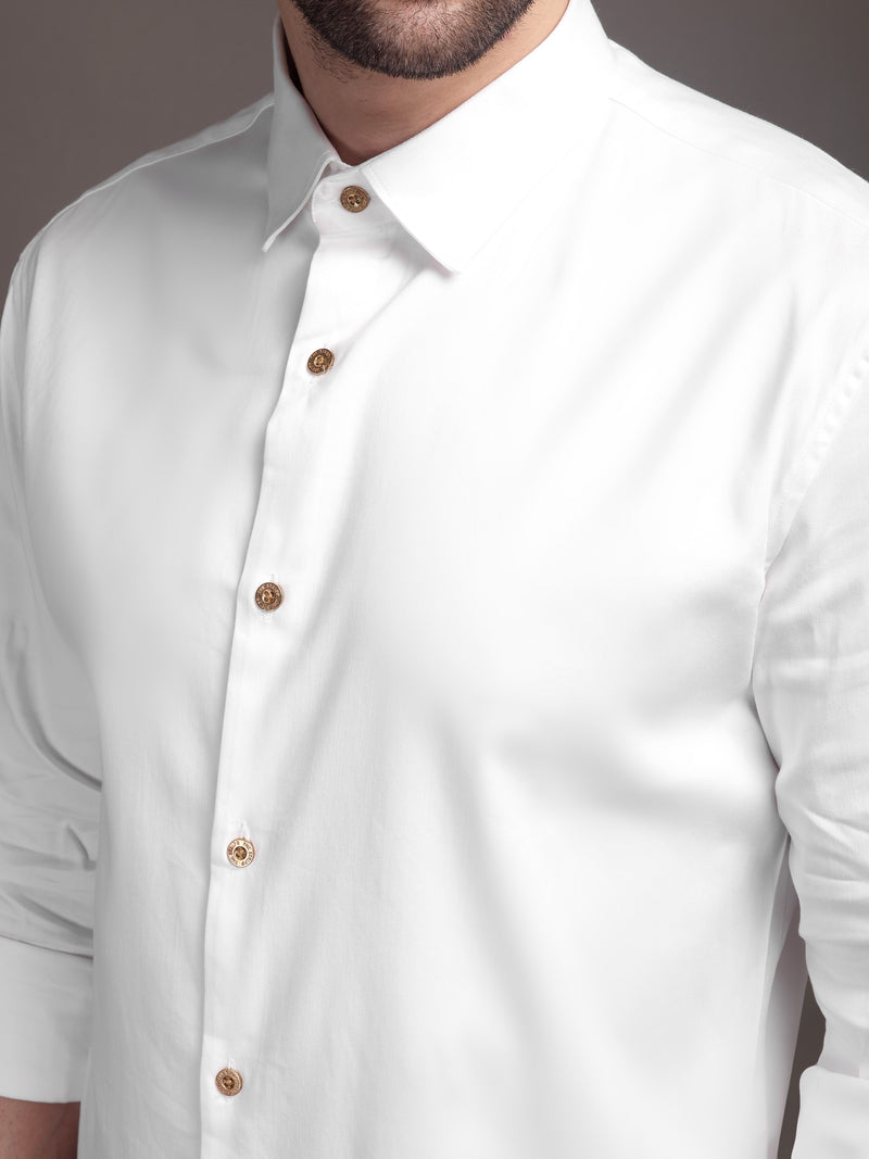 Milky White Plain Poly Satin Lycra Shirt with Copper Metal Button - Premium, Unbreakable button