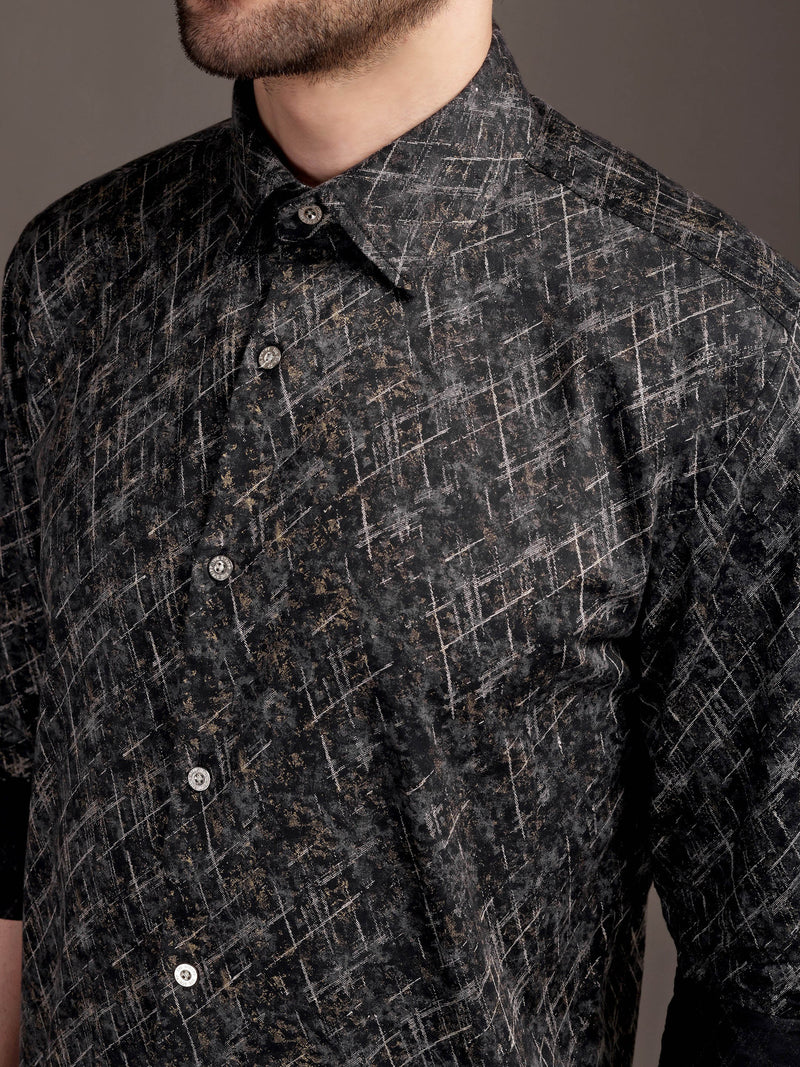 Metal Black Printed Bulgari Satin Discharge Shirt with Metal Button - Premium