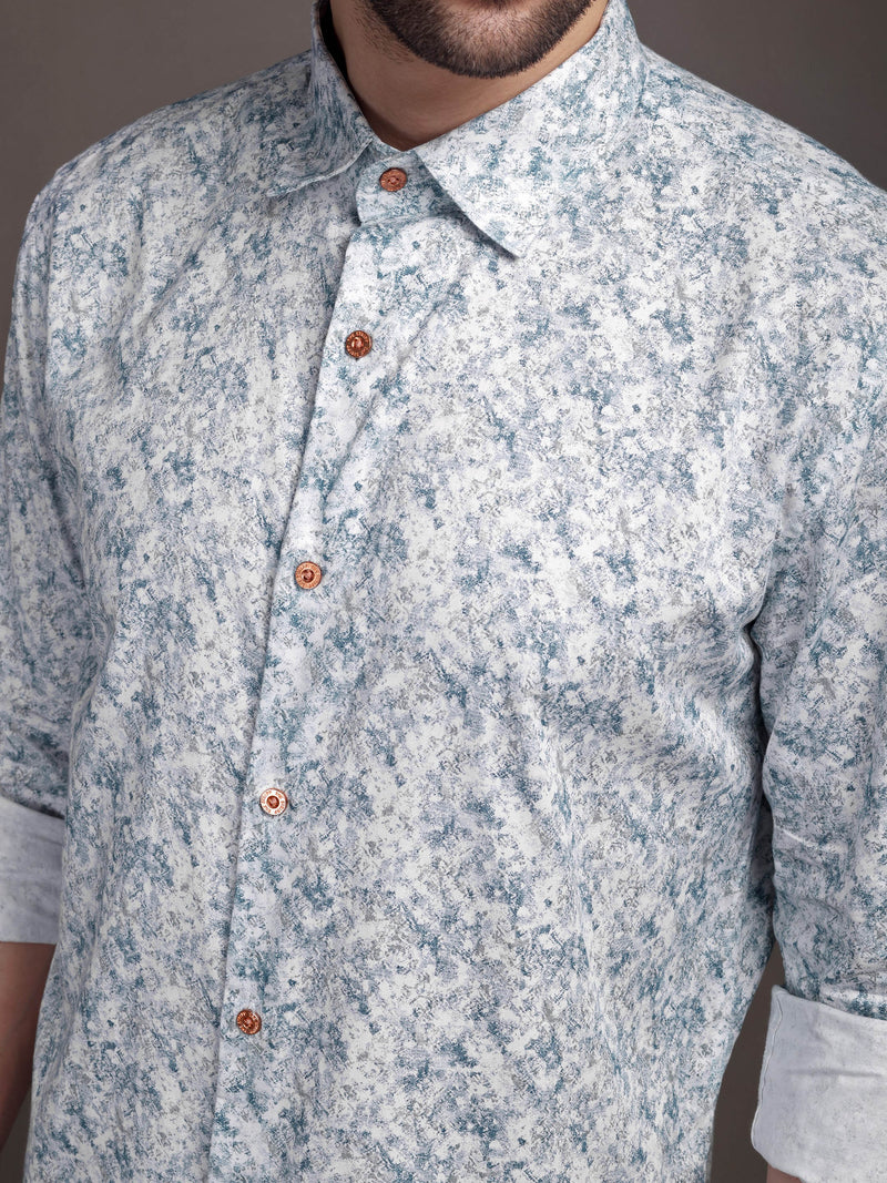 Heaven Blue & White Printed Bulgari Satin Discharge Shirt with Copper Metal Button - Premium