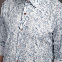 Heaven Blue & White Printed Bulgari Satin Discharge Shirt with Copper Metal Button - Premium