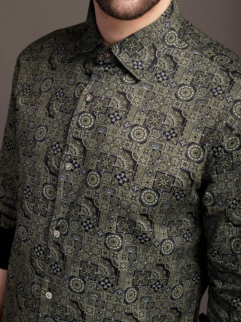 Mehendi/Sea Green Printed Bulgari Satin Discharge Shirt with Metal Button - Premium