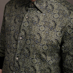 Mehendi/Sea Green Printed Bulgari Satin Discharge Shirt with Metal Button - Premium
